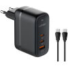 LDNIO φορτιστής τοίχου Q366 με καλώδιο, USB/2x USB-C, 65W, GaN, μαύρος