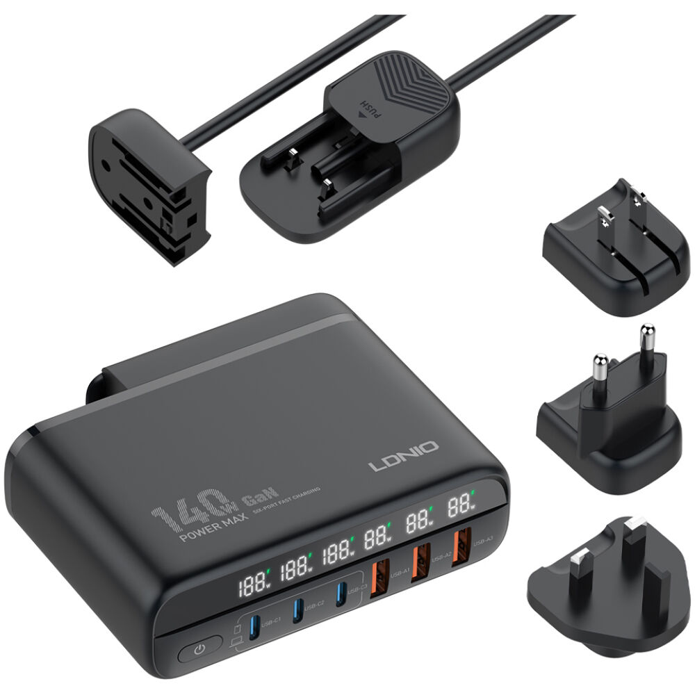 LDNIO σταθμός φόρτισης A6140C, 3x USB-C/3x USB, 140W, PD/QC, GaN, μαύρος
