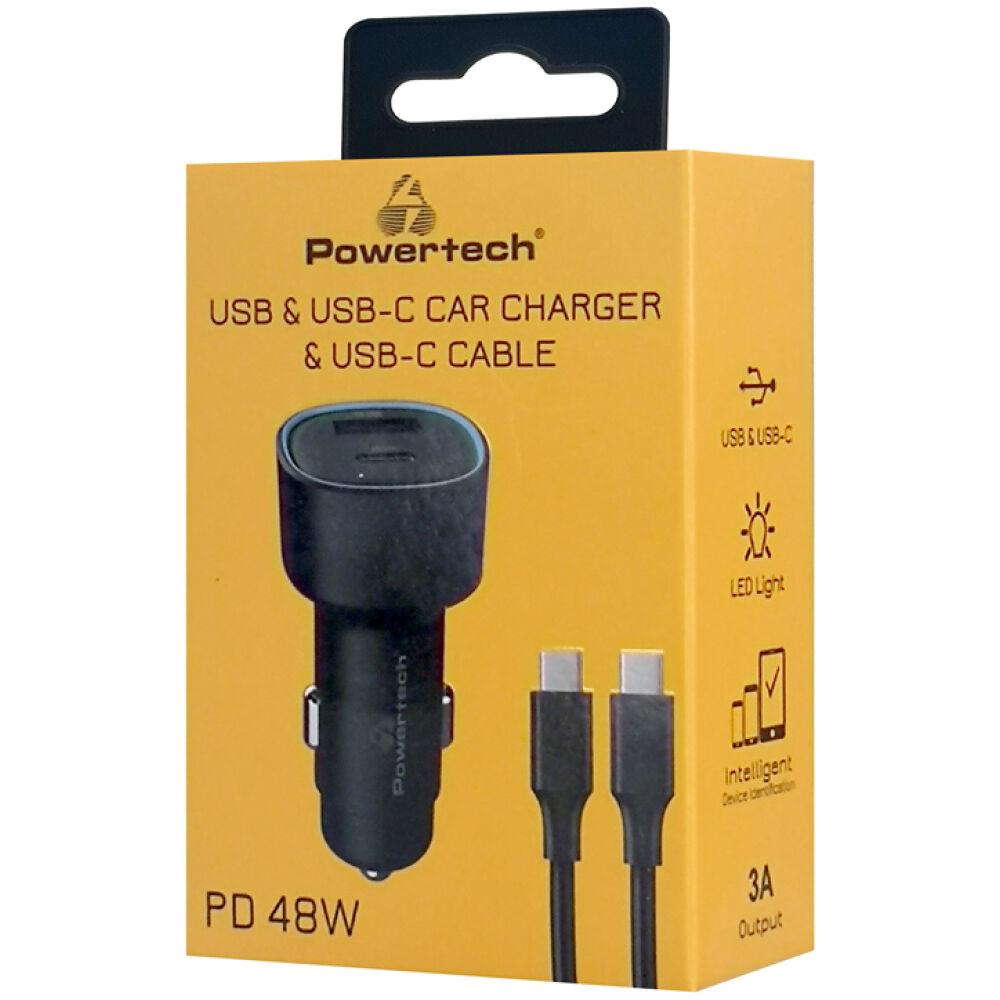 POWERTECH φορτιστής αυτοκινήτου PT-1230, καλώδιο, USB/USB-C, 48W, μαύρος - Image 2