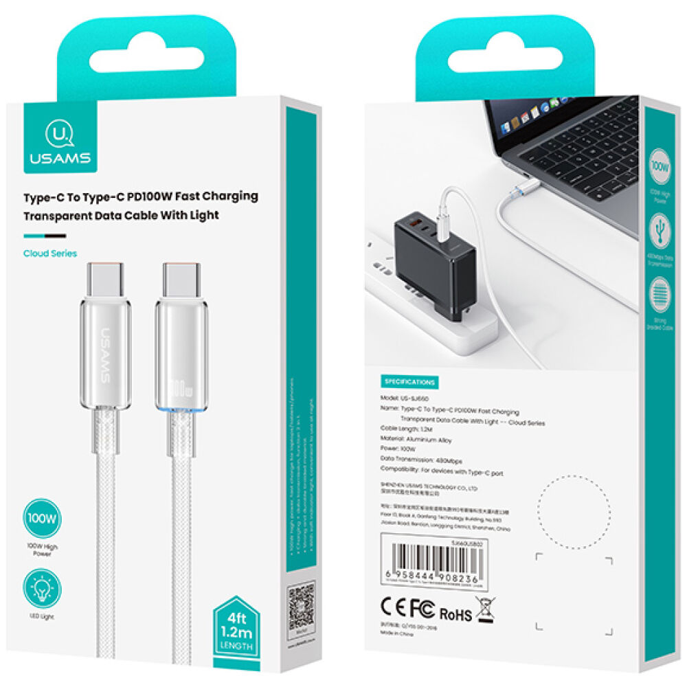 USAMS καλώδιο USB-C σε USB-C US-SJ660, 100W, 480Mbps, 1.2m, λευκό - Image 4