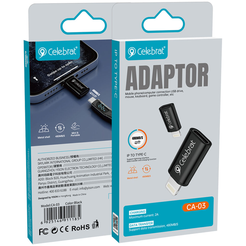 CELEBRAT αντάπτορας Lightning σε USB-C CA-03, 2A, 480Mbps, μαύρος - Image 6