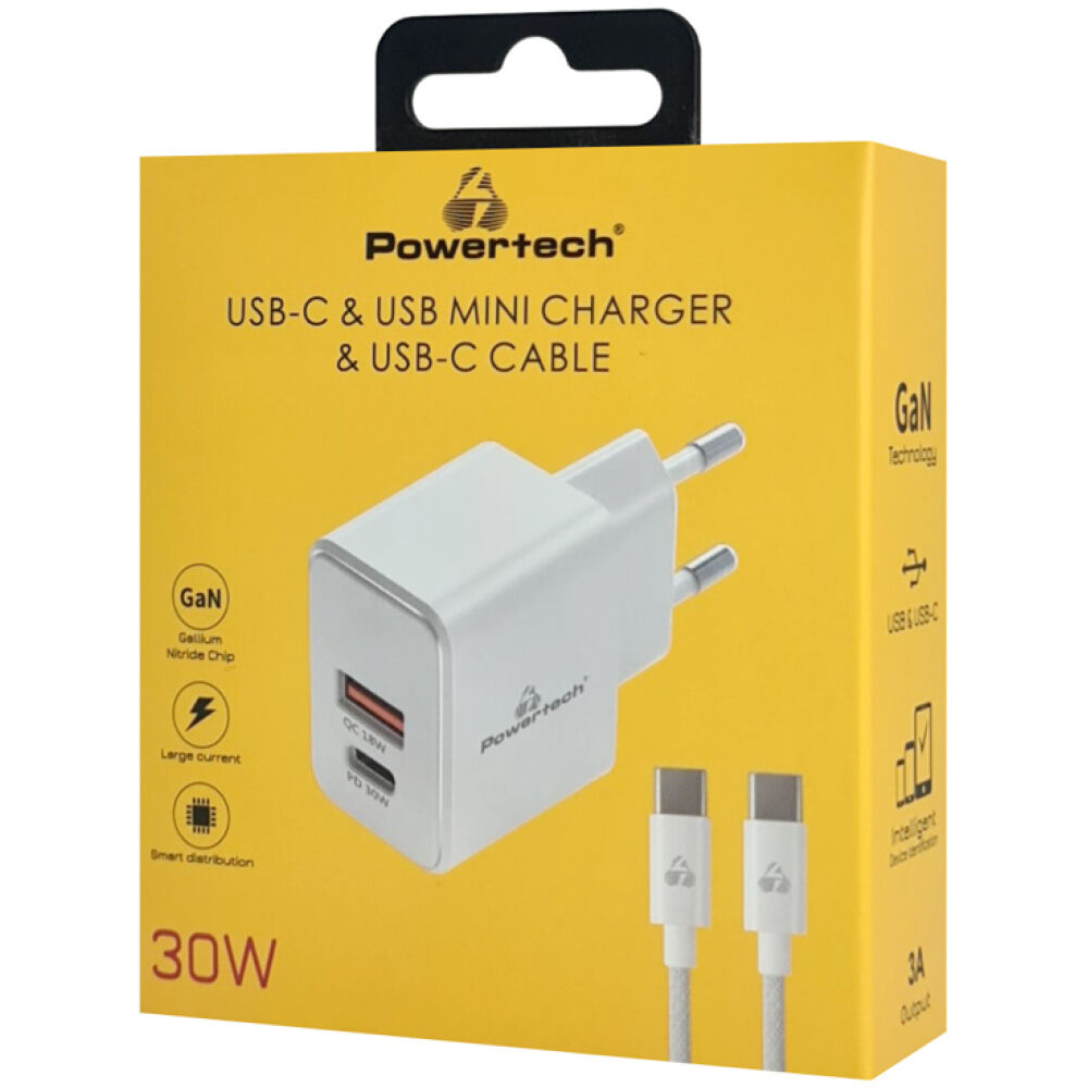 POWERTECH φορτιστής τοίχου PT-1249, καλώδιο, USB/USB-C, 30W, GaN, λευκός - Image 2