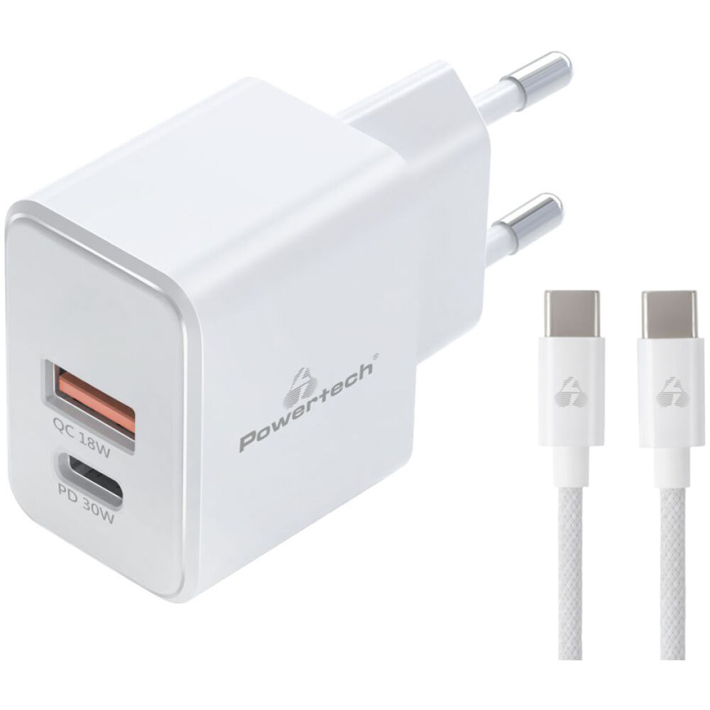 POWERTECH φορτιστής τοίχου PT-1249, καλώδιο, USB/USB-C, 30W, GaN, λευκός