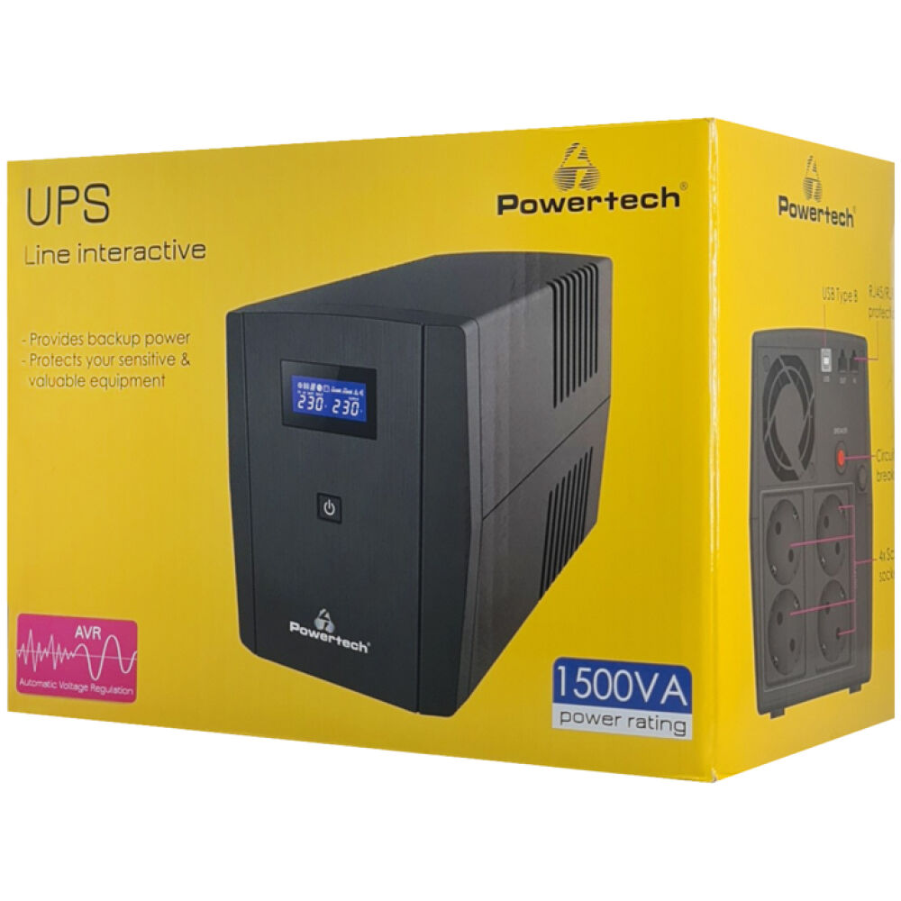 POWERTECH UPS Line Interactive PT-1297 με οθόνη, 1500VA, 900W, 4x Schuko, 2x RJ45/RJ11, USB Type B - Image 3