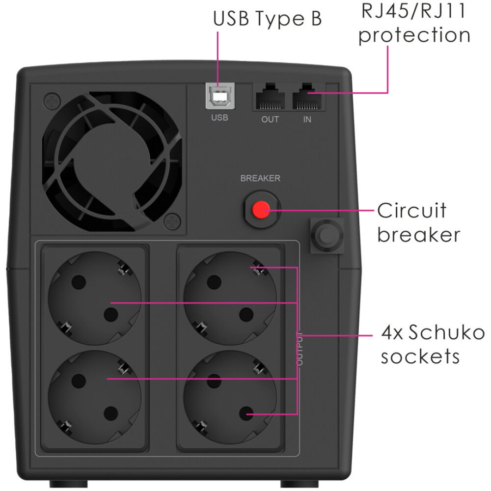 POWERTECH UPS Line Interactive PT-1298 με οθόνη, 2200VA, 1320W, 4x Schuko, 2x RJ45/RJ11, USB Type B - Image 2
