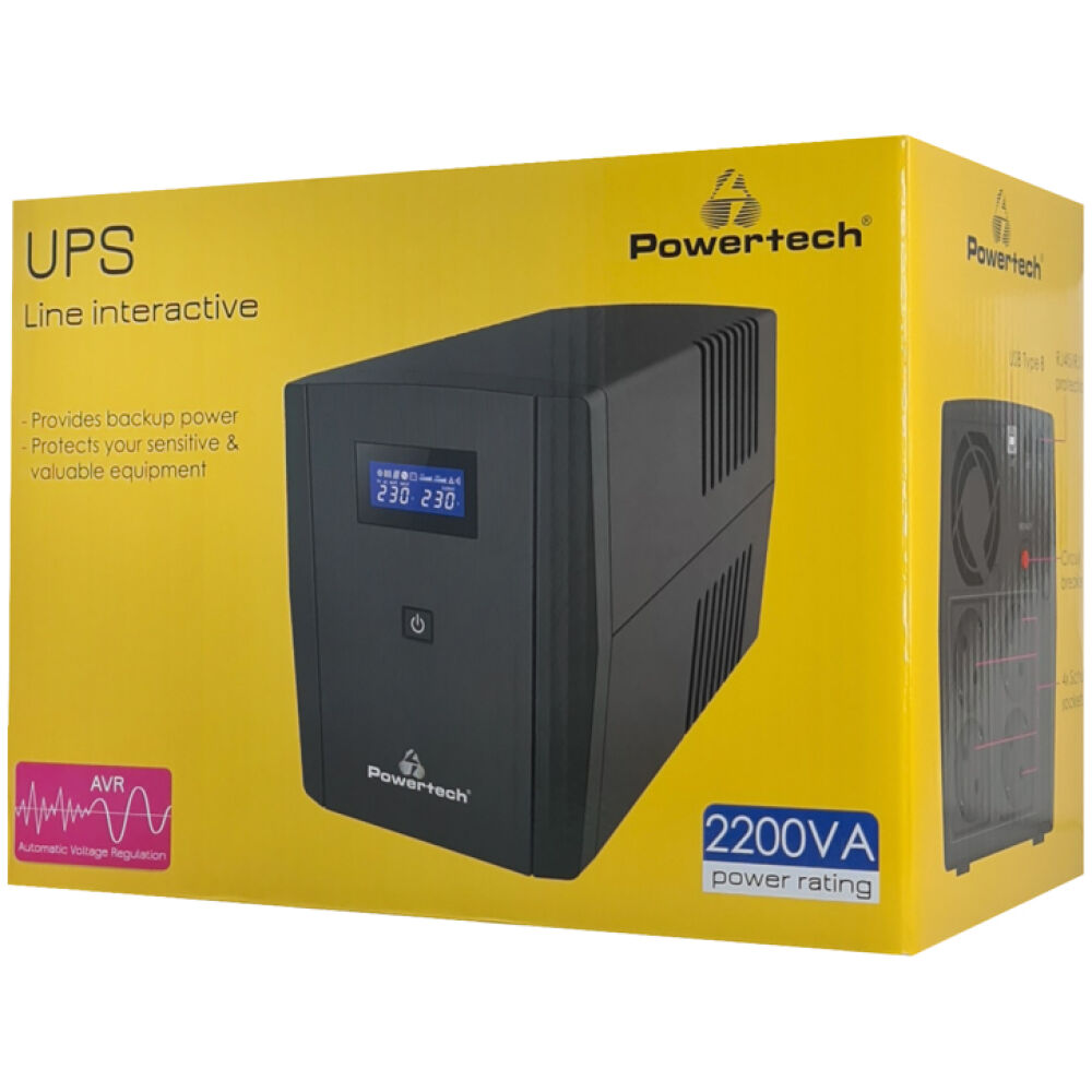 POWERTECH UPS Line Interactive PT-1298 με οθόνη, 2200VA, 1320W, 4x Schuko, 2x RJ45/RJ11, USB Type B - Image 3