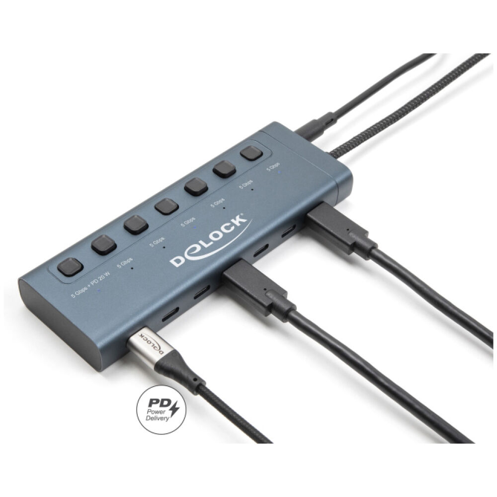 DELOCK USB-C hub 63410 με διακόπτες, 7x θυρών, 5Gbps, 20W, USB-C σύνδεση, μπλε - Image 2