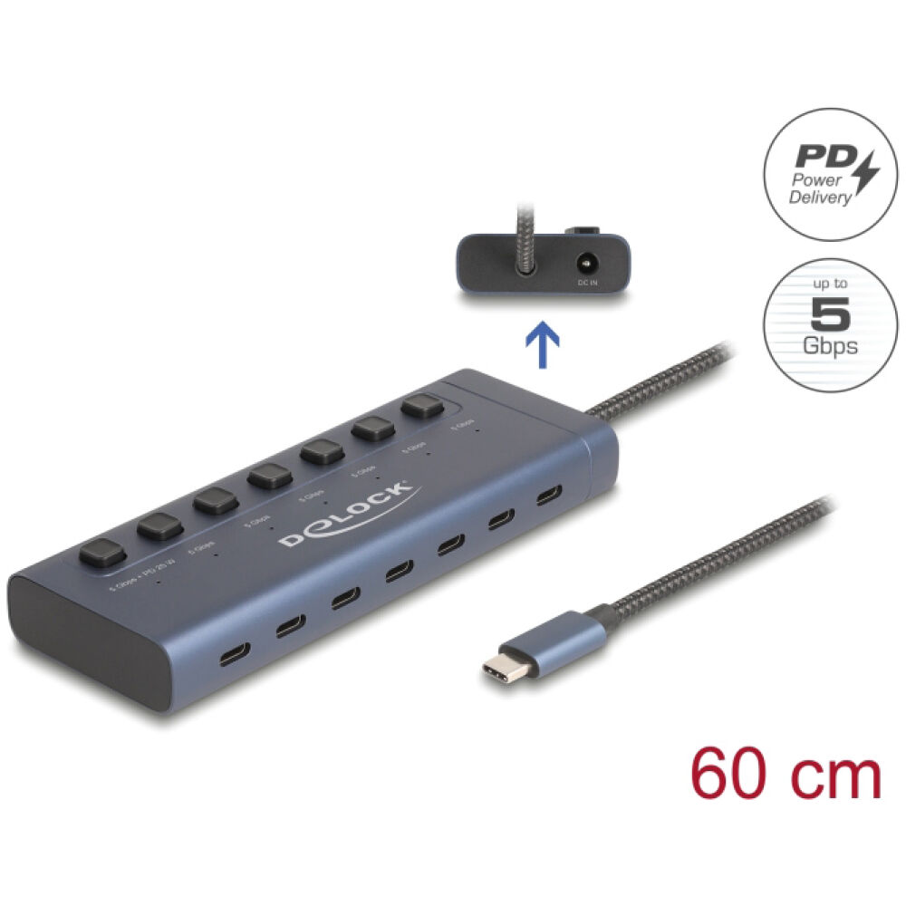 DELOCK USB-C hub 63410 με διακόπτες, 7x θυρών, 5Gbps, 20W, USB-C σύνδεση, μπλε - Image 3