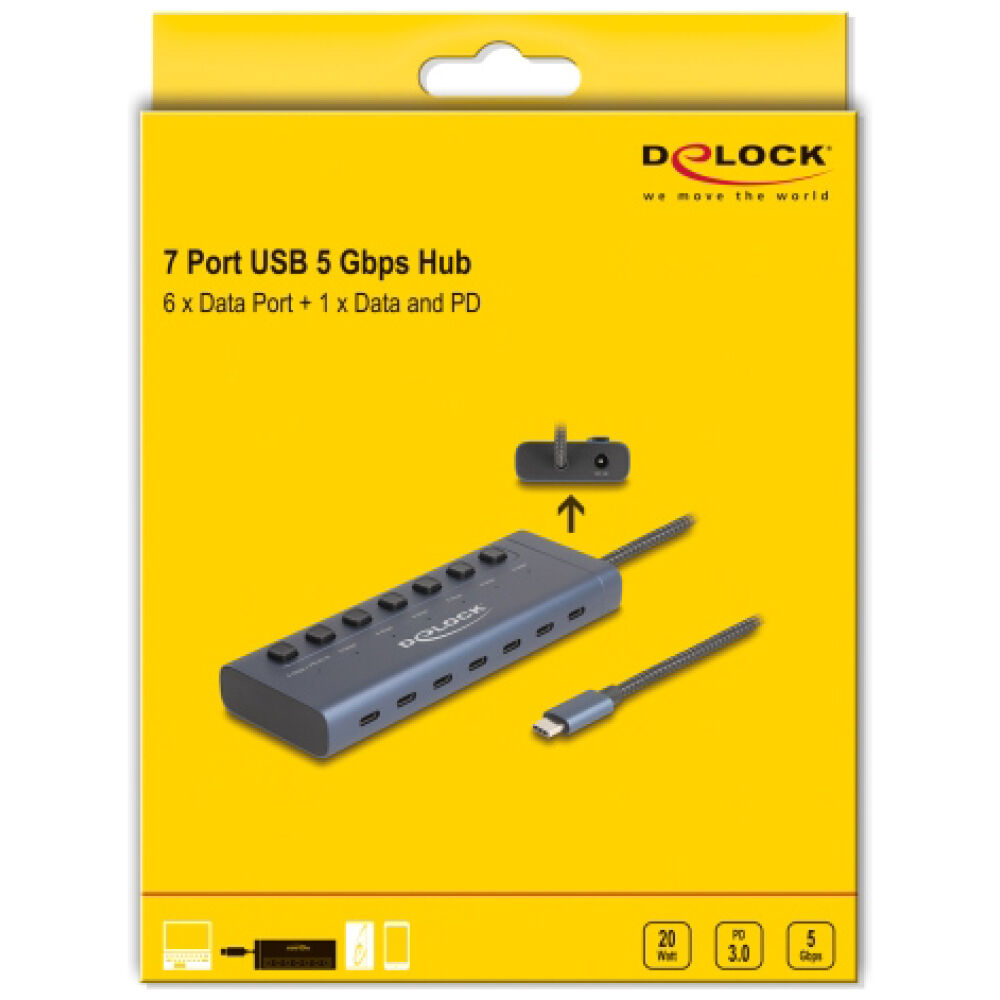 DELOCK USB-C hub 63410 με διακόπτες, 7x θυρών, 5Gbps, 20W, USB-C σύνδεση, μπλε - Image 5