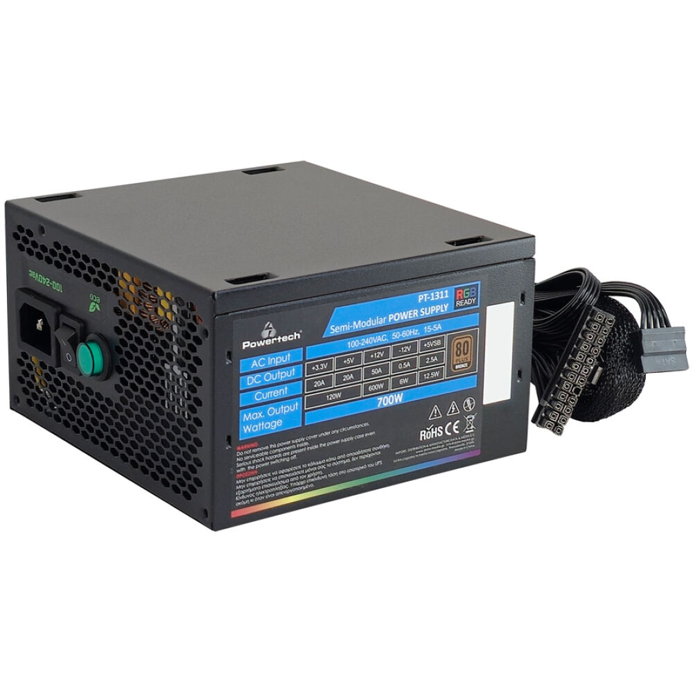 POWERTECH τροφοδοτικό PC PT-1311, 80PLUS Bronze, 700W, ATX, 120mm RGB Fan, Semi Modular - Image 3