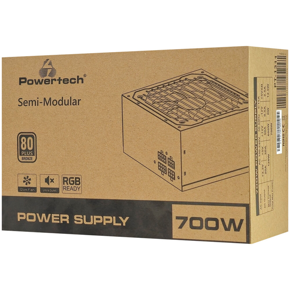 POWERTECH τροφοδοτικό PC PT-1311, 80PLUS Bronze, 700W, ATX, 120mm RGB Fan, Semi Modular - Image 9