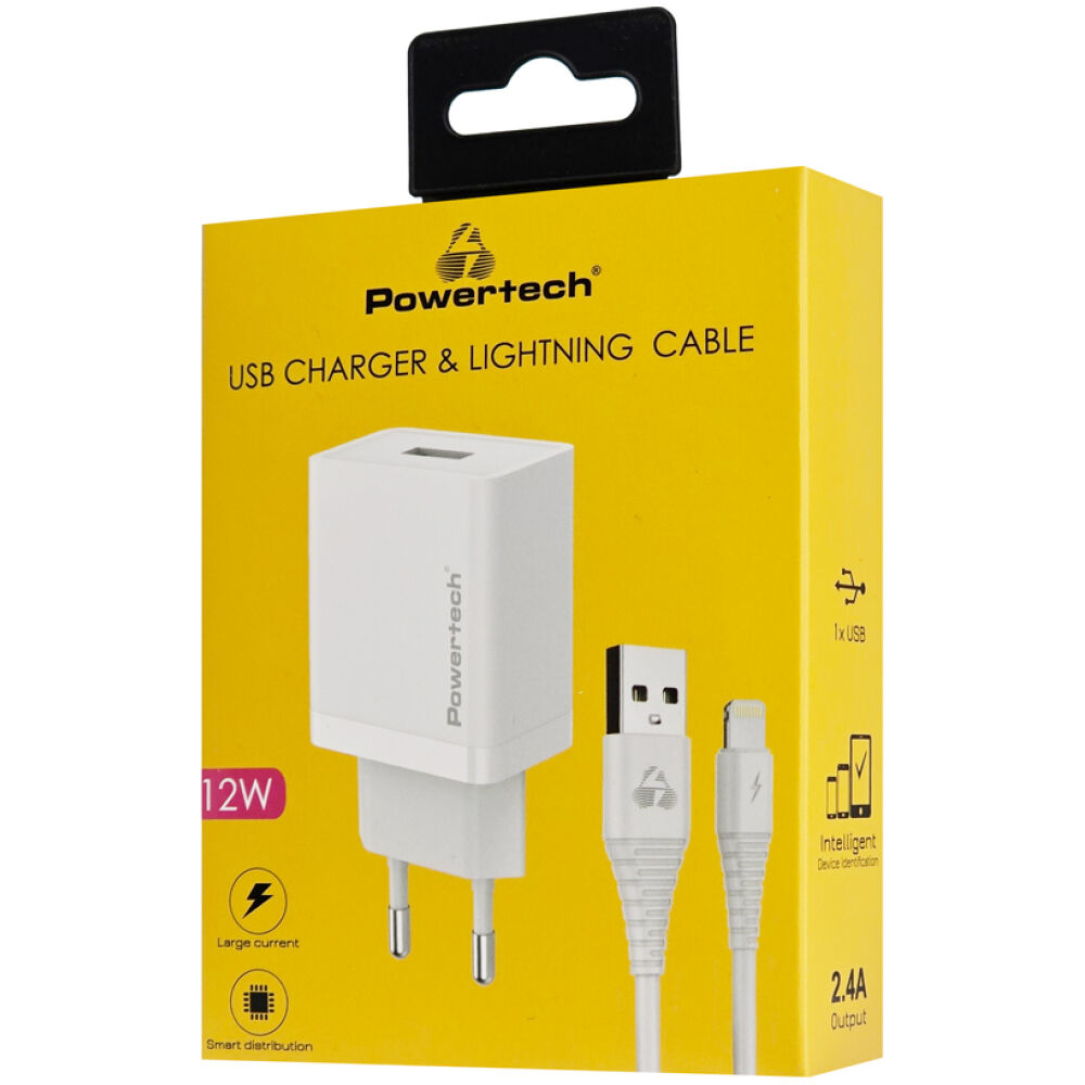 POWERTECH φορτιστής τοίχου PT-1323 με καλώδιο Lightning, USB, 12W, λευκός - Image 2