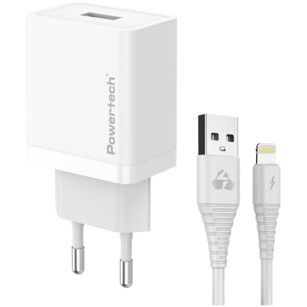 POWERTECH φορτιστής τοίχου PT-1323 με καλώδιο Lightning, USB, 12W, λευκός