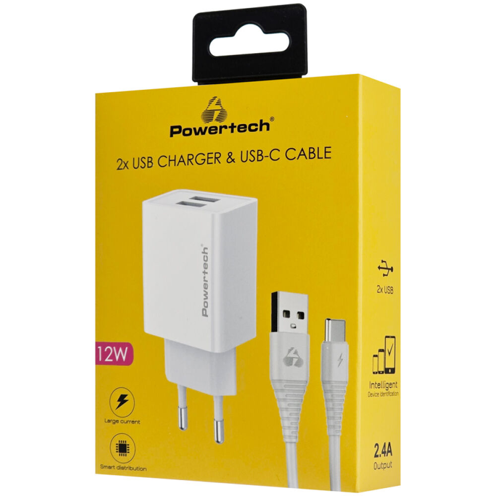 POWERTECH φορτιστής τοίχου PT-1324 με καλώδιο USB-C, 2x USB, 12W, λευκός - Image 2
