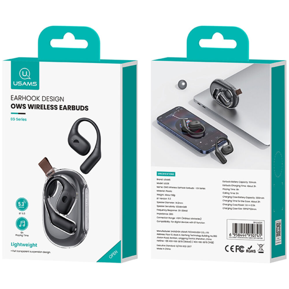 USAMS earphones με θήκη φόρτισης UG26, OWS, Φ14.2mm, 50/300mAh, μαύρα - Image 5