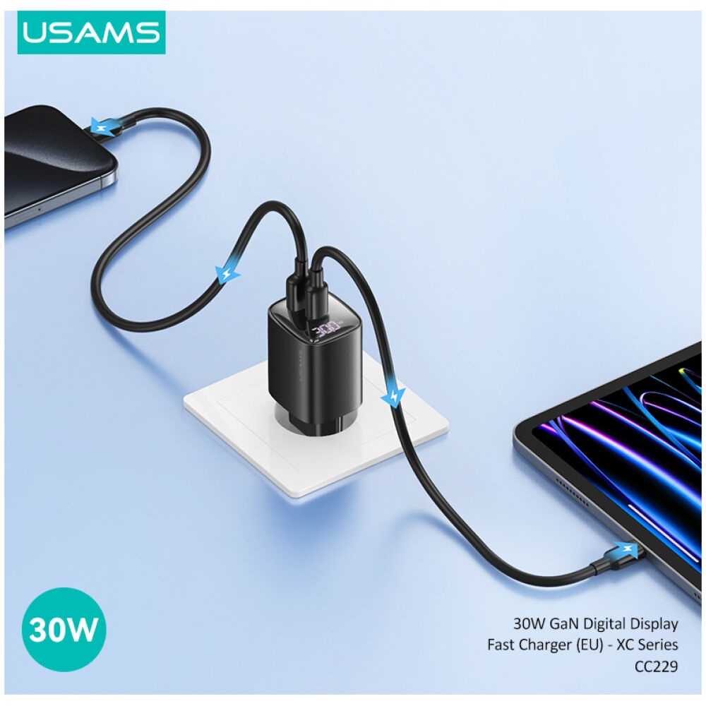 USAMS φορτιστής τοίχου US-CC229, USB & USB-C, 30W, GaN, λευκός - Image 3