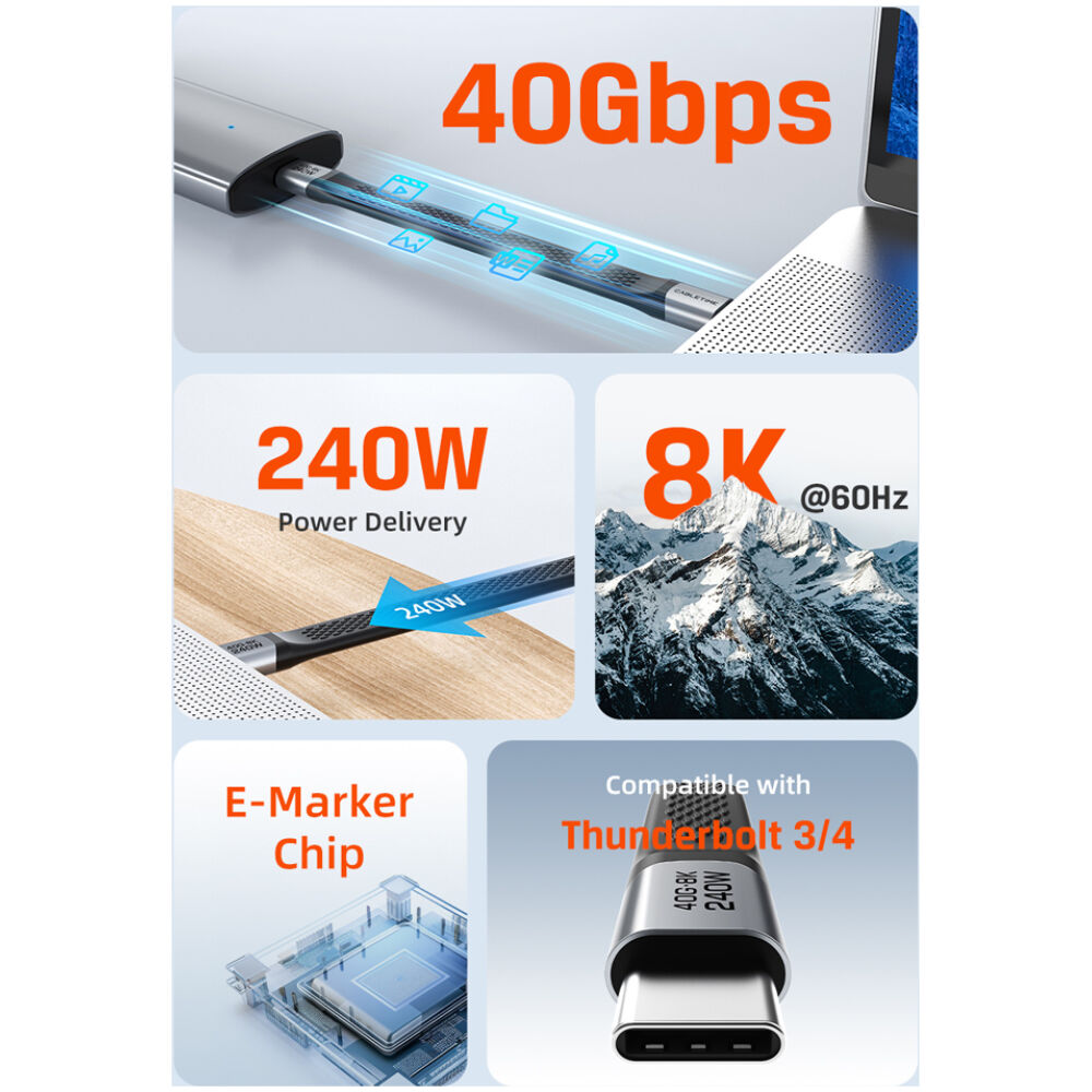 CABLETIME καλώδιο USB-C CT-FU4-AG, flat, 240W, 40Gbps, 8K/60Hz, USB4, 0.15m, μαύρο - Image 5
