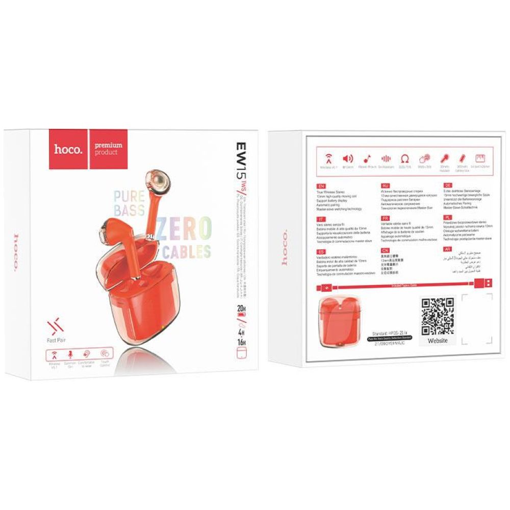 HOCO EW15 CLEAR EXPLORE EARPHONES ΜΕ ΒΑΣΗ ΦΟΡΤΙΣΗΣ, VIBRANT ORANGE