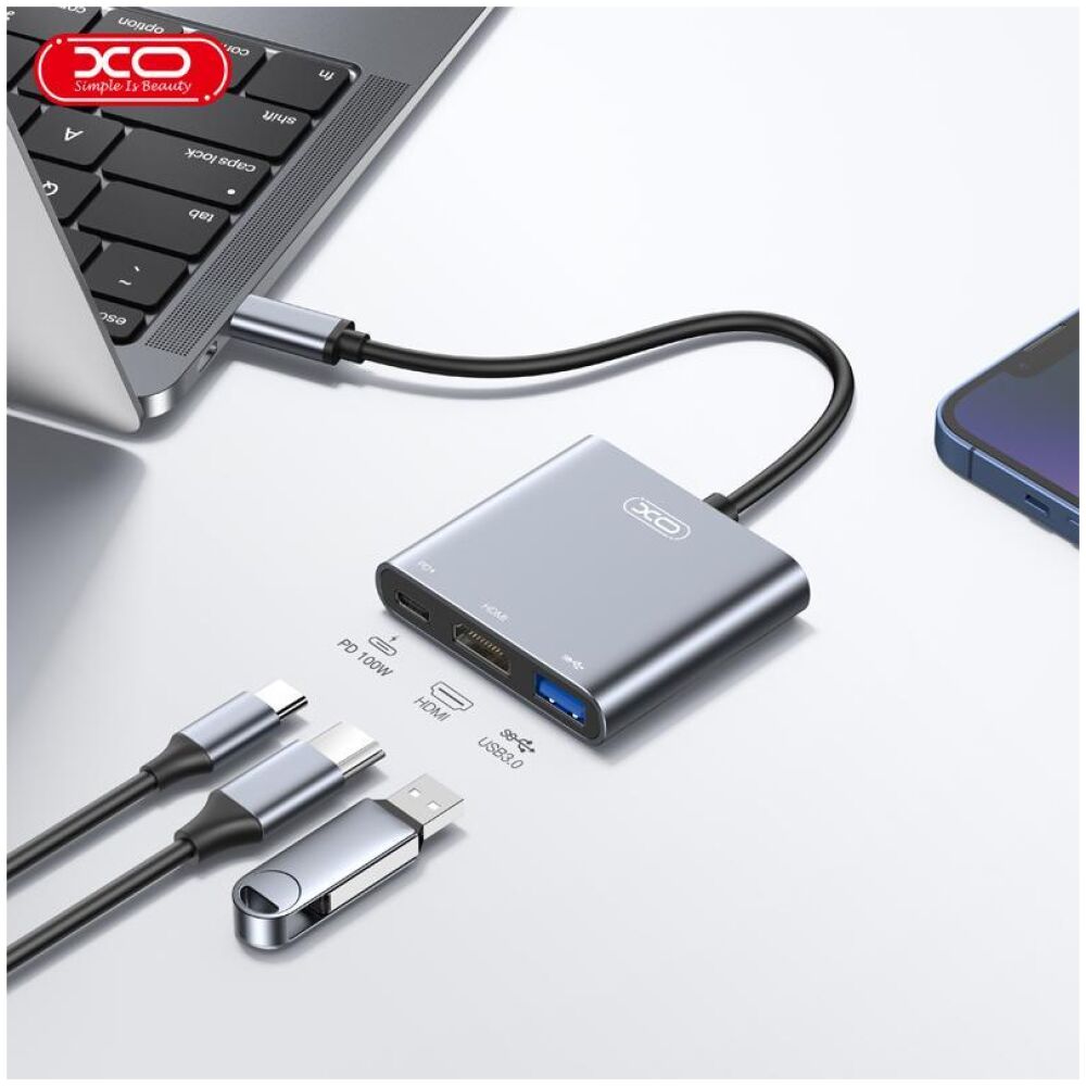 XO HUB011 3 in 1 TYPE-C ΣΕ HDMI, TYPE-C, USB 3.0 - Image 3