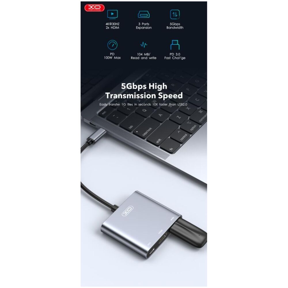 XO HUB011 3 in 1 TYPE-C ΣΕ HDMI, TYPE-C, USB 3.0 - Image 4