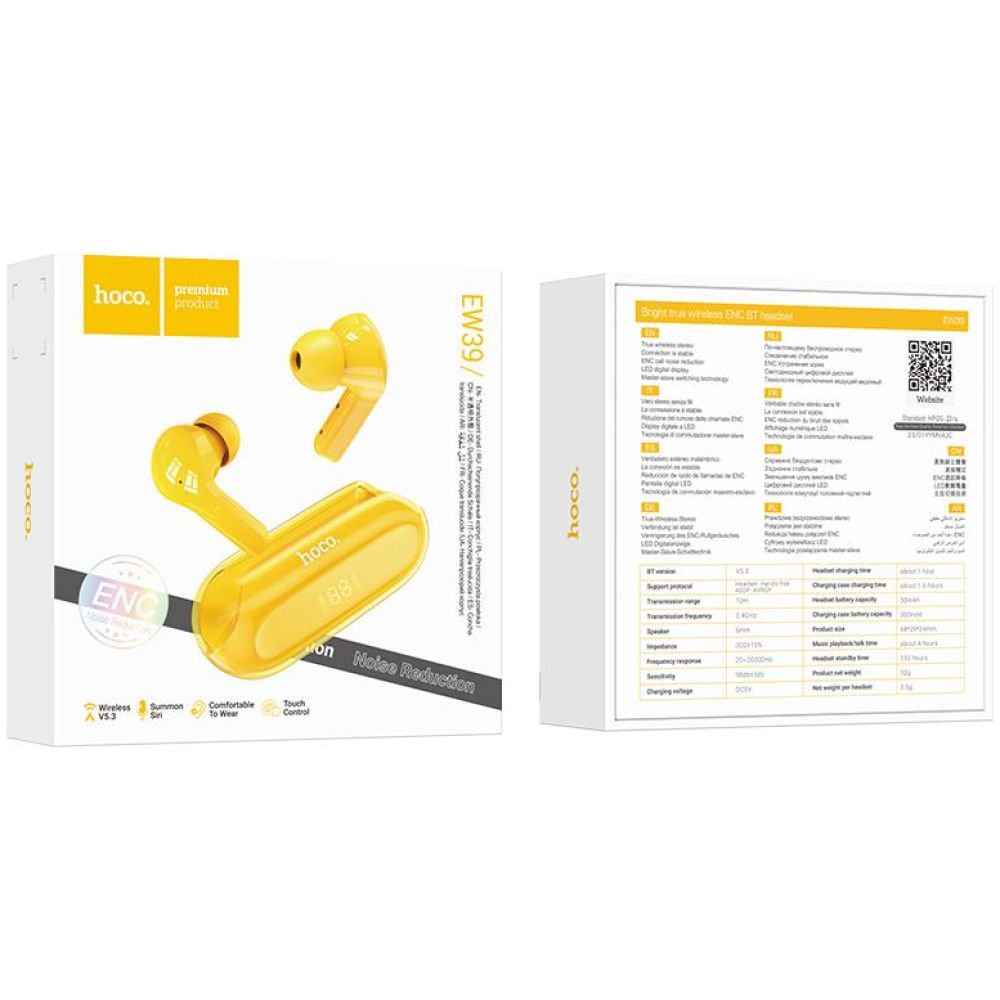 HOCO EW39 BRIGHT ΑΚΟΥΣΤΙΚΑ BLUETOOTH, ΚΙΤΡΙΝΟ, ENC