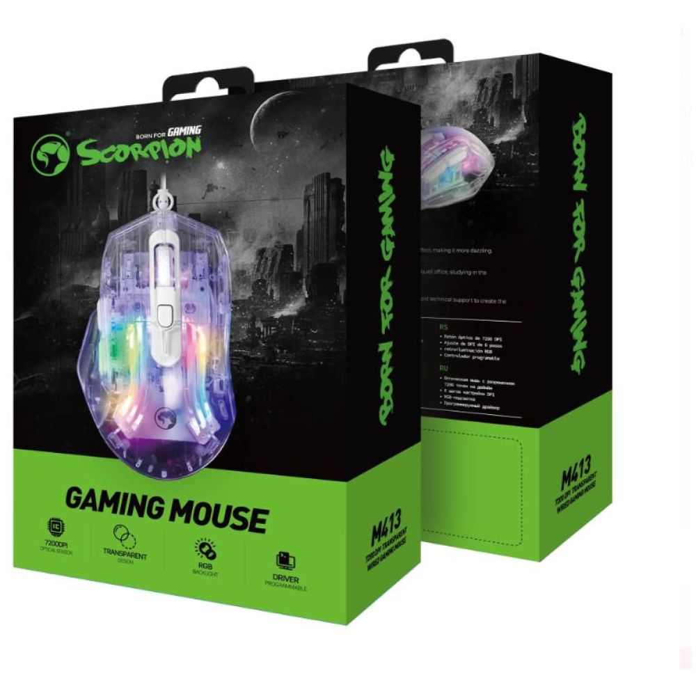 MARVO M413 ΔΙΑΦΑΝΟ GAMING ΠΟΝΤΙΚΙ, 7200DPI, RGB, ΑΘΟΡΥΒΟΙ ΔΙΑΚΟΠΤΕΣ - Image 5