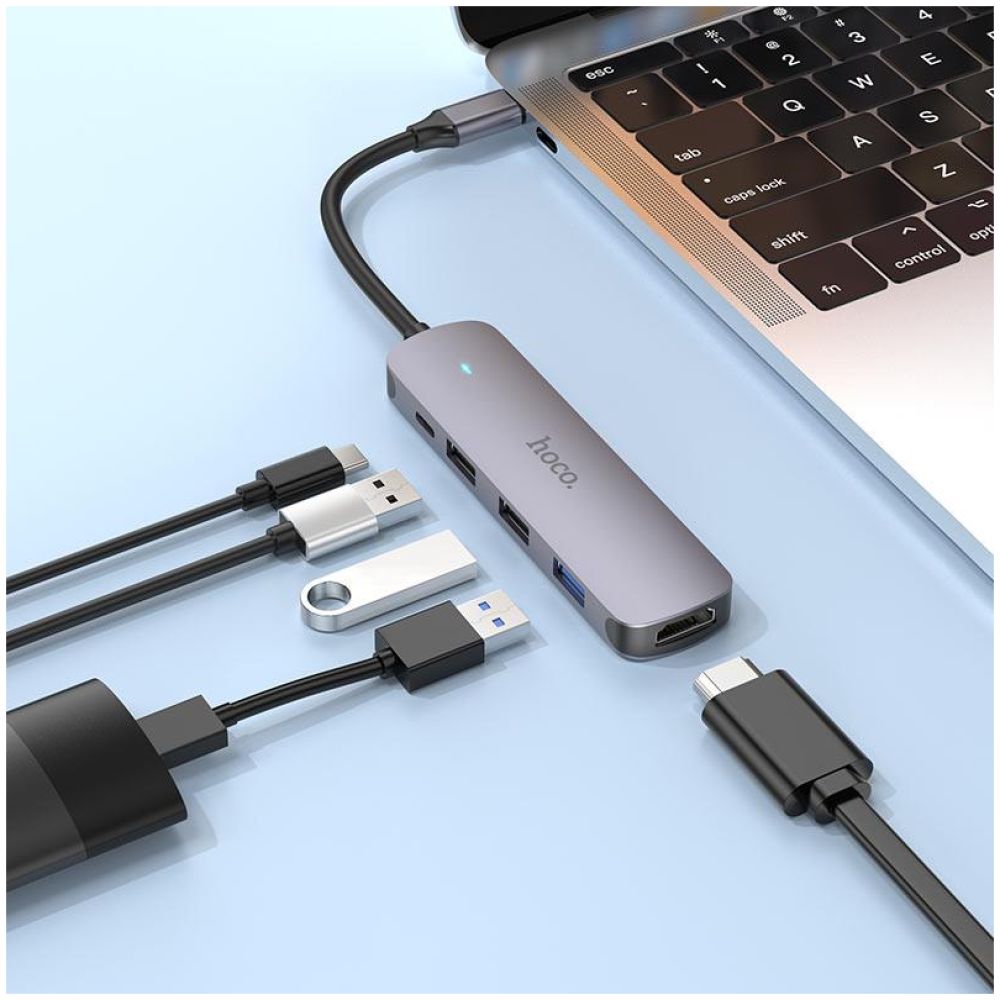 HOCO HB27 TYPE-C HUB , HDMI + USB3.0 + USB2.0*2 + PD , METAL GRAY