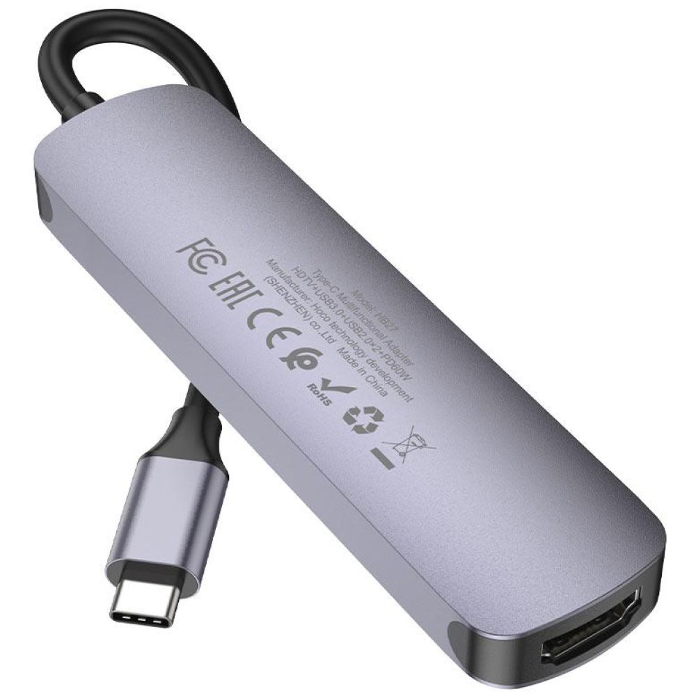 HOCO HB27 TYPE-C HUB , HDMI + USB3.0 + USB2.0*2 + PD , METAL GRAY - Image 5