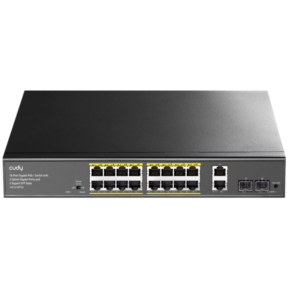 CUDY GS1018PS2 16-PORT GIGABIT PoE+ SWITCH +2 UPLINK GIGABIT PORT + 2 GIGABIT SFP PORTS,200W