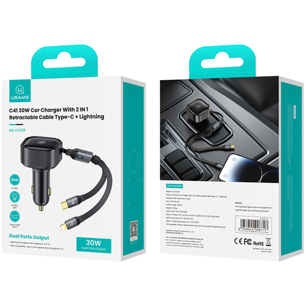 USAMS φορτιστής αυτοκινήτου US-CC219 καλώδιο USB-C/Lightning 30W, μαύρος - Image 7