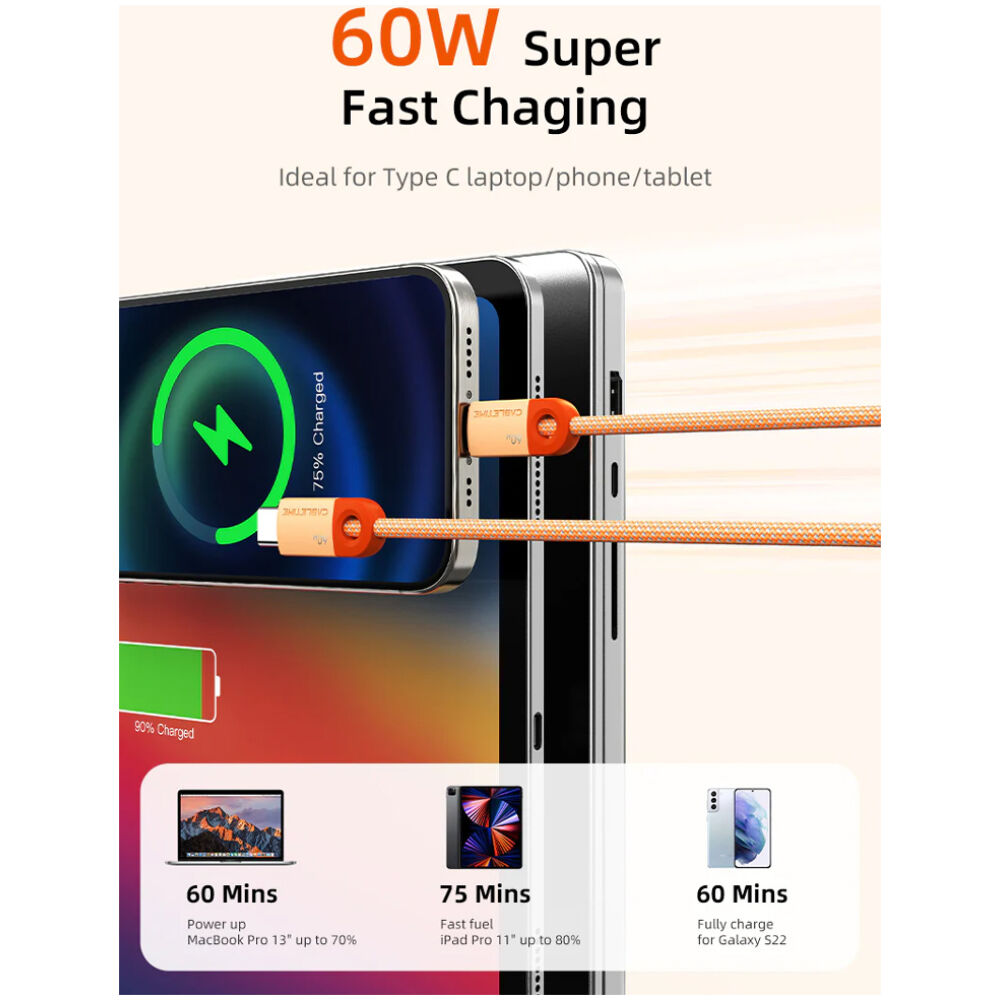 CABLETIME καλώδιο USB-C CT-CM60-PBW, 60W PD, 480Mbps, 0.25m, μαύρο - Image 2