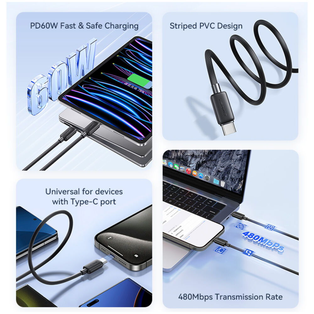 USAMS καλώδιο USB-C σε USB-C US-SJ691, 60W, 480Mbps, 1m, μαύρο - Image 2