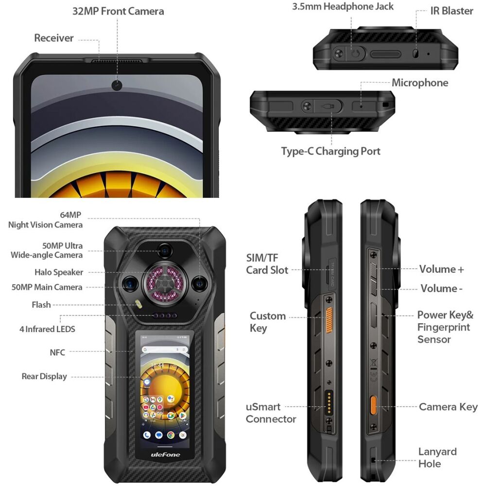 ULEFONE smartphone Armor 30 Pro, 6.95" & 3.4", 16/512GB, 5G, 12800mAh, IP68/IP69K, μαύρο - Image 5