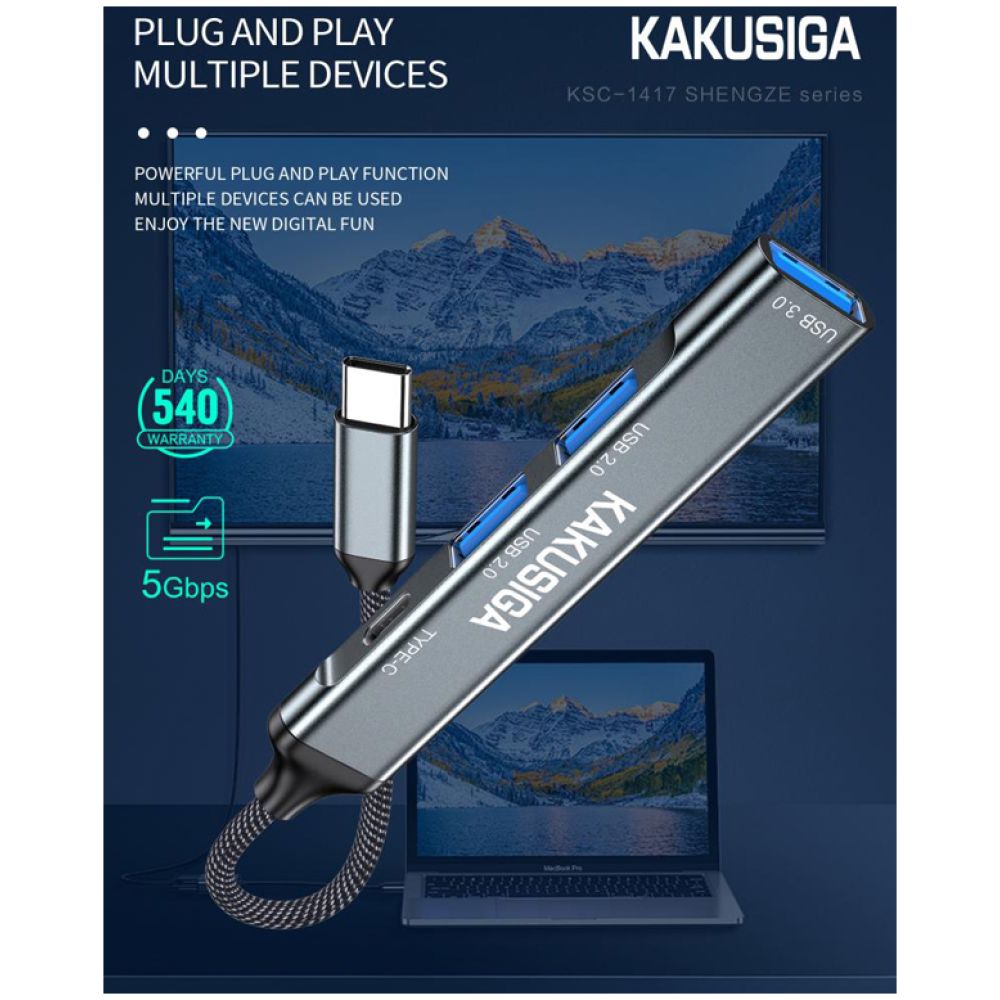 KAKUSIGA USB hub KSC-1417, 4x θυρών, USB 3.0, 5Gbps, USB-C σύνδεση, γκρι - Image 3