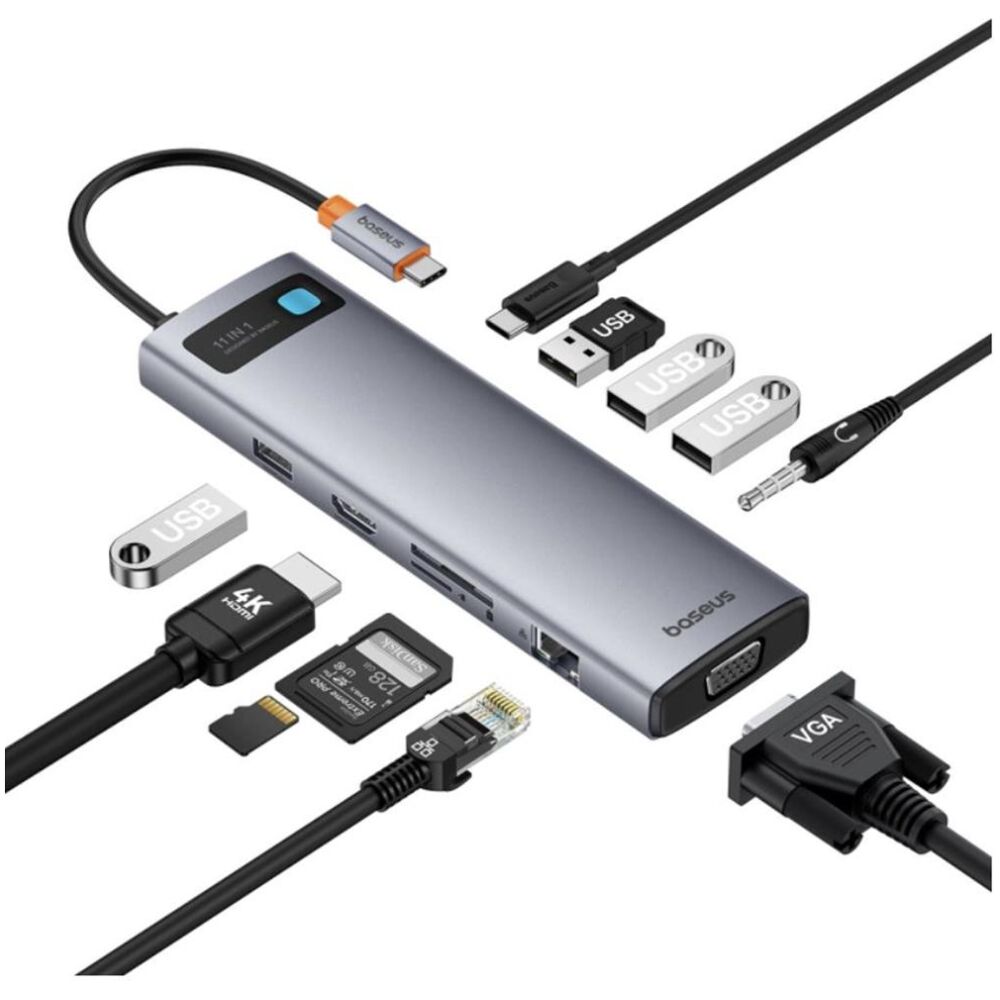 Baseus Hub 11in1  StarJoy Metal Glam Series USB-C to HDMI +VGA + 3 x USB 3.0 + USB 2.0+USB-C PD + RJ45 + SD/TF +35mm (B00030709811-00) (BASB00030709811-00)
