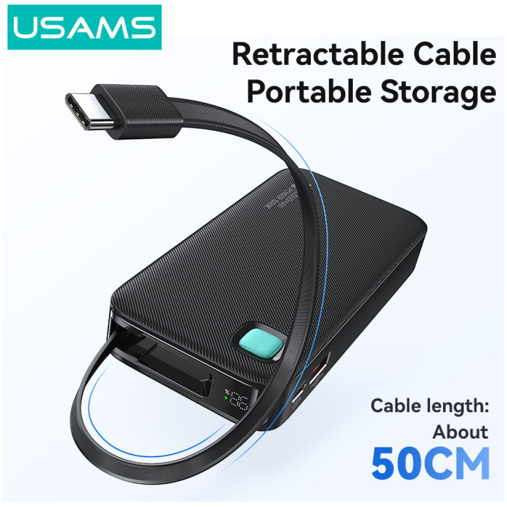 USAMS power bank CD224 με καλώδιο USB-C, 2x θύρες εξόδου, 10000mAh, 20W, μαύρο - Image 3