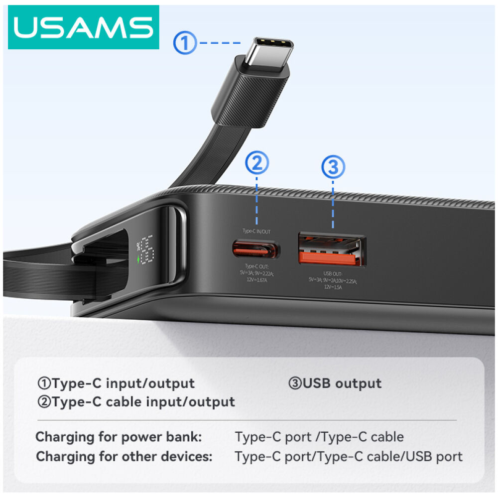 USAMS power bank CD224 με καλώδιο USB-C, 2x θύρες εξόδου, 10000mAh, 20W, μαύρο - Image 4