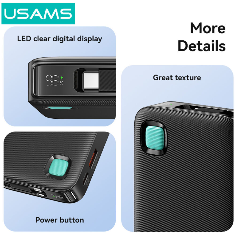 USAMS power bank CD224 με καλώδιο USB-C, 2x θύρες εξόδου, 10000mAh, 20W, μαύρο - Image 5
