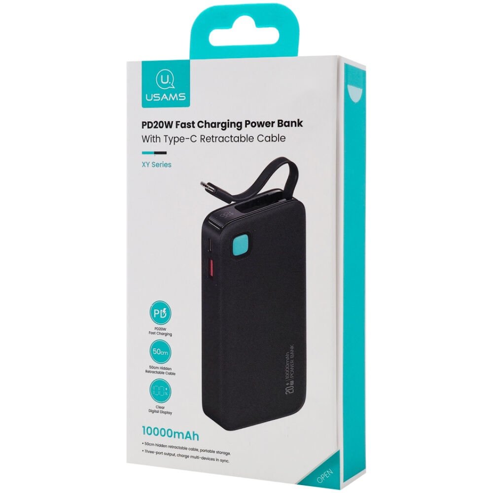 USAMS power bank CD224 με καλώδιο USB-C, 2x θύρες εξόδου, 10000mAh, 20W, μαύρο - Image 6
