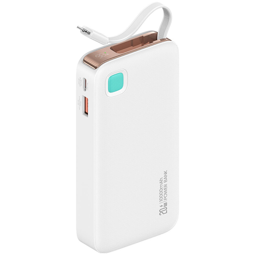 USAMS power bank CD225 με καλώδιο Lightning, 2x θύρες εξόδου, 10000mAh, 20W, λευκό