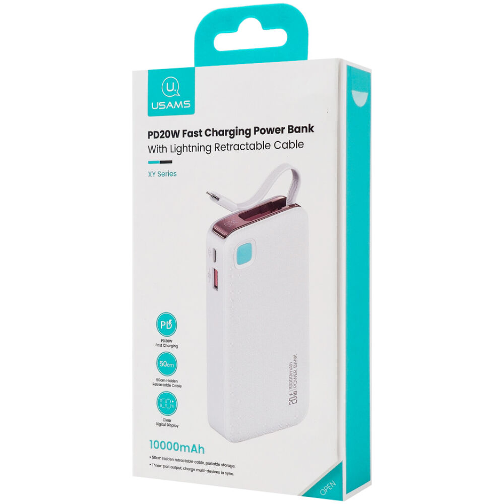 USAMS power bank CD225 με καλώδιο Lightning, 2x θύρες εξόδου, 10000mAh, 20W, λευκό - Image 6