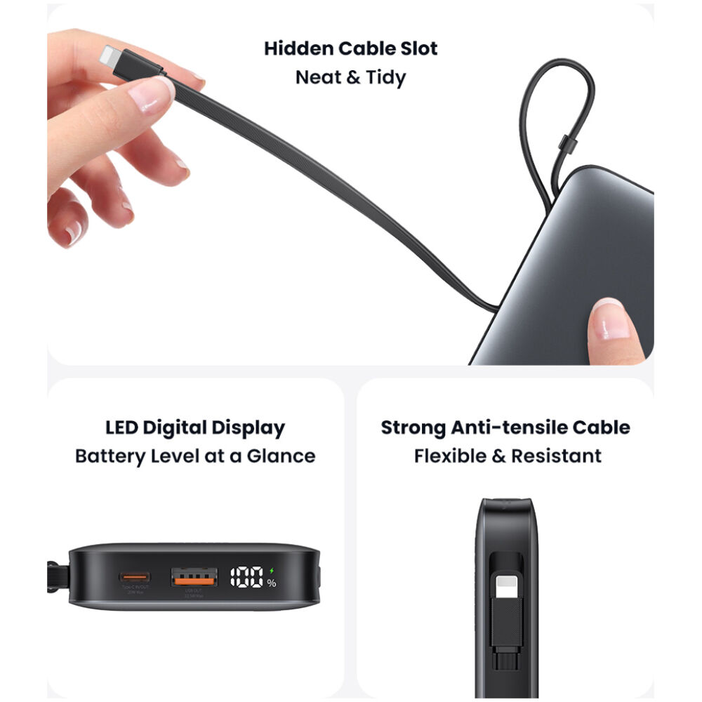 USAMS power bank CD228 με 2x καλώδια, 2x θύρες εξόδου, 10000mAh, 20W, γκρι - Image 5