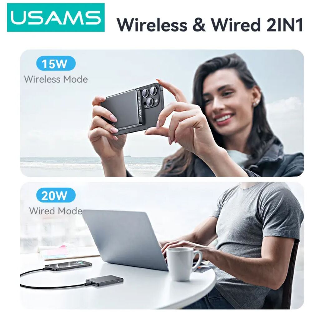 USAMS power bank CD242, magnetic wireless, USB-C έξοδος, 10000mAh, 20W, γκρι - Image 4