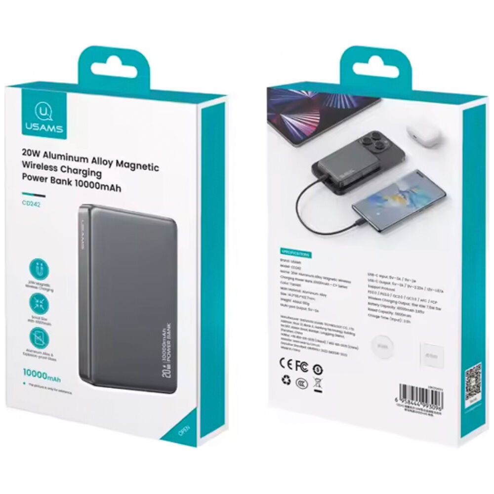 USAMS power bank CD242, magnetic wireless, USB-C έξοδος, 10000mAh, 20W, γκρι - Image 6