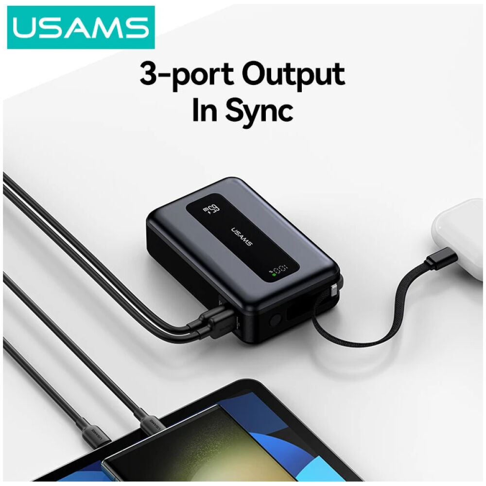 USAMS power bank CD243 με καλώδιο USB-C, 2x θύρες εξόδου, 20000mAh, 65W, γκρι - Image 2