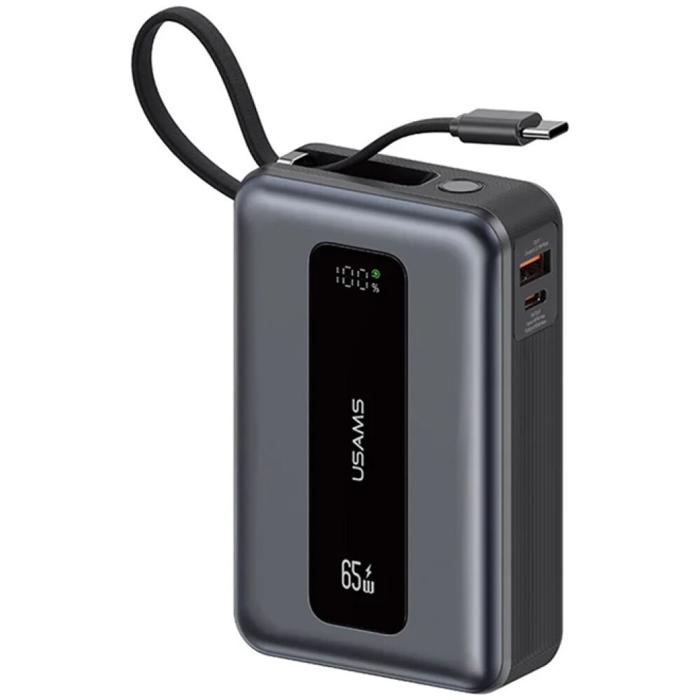USAMS power bank CD243 με καλώδιο USB-C, 2x θύρες εξόδου, 20000mAh, 65W, γκρι