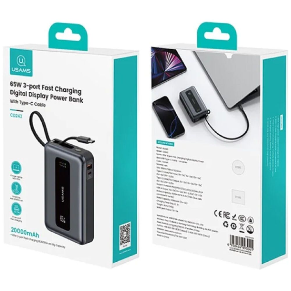 USAMS power bank CD243 με καλώδιο USB-C, 2x θύρες εξόδου, 20000mAh, 65W, γκρι - Image 6