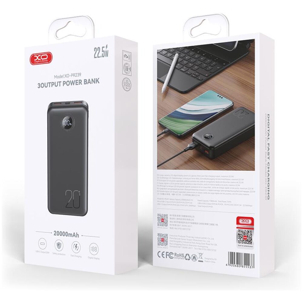 XO PR239 POWERBANK QC3.0 22.5W + PD20W ME ΟΘΟΝΗ, 20000MAH, ΜΑΥΡΟ - Image 4