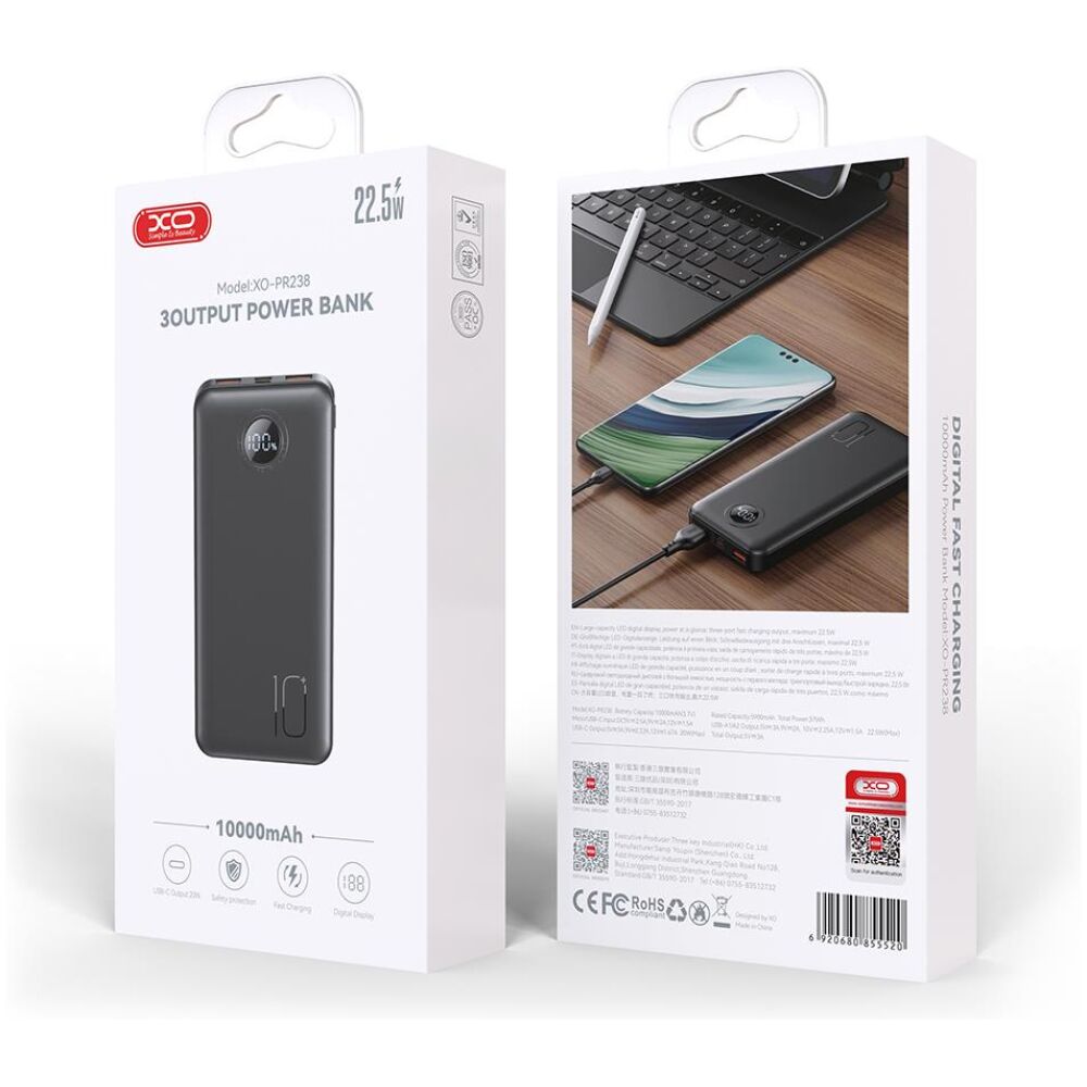 XO PR238 POWERBANK QC3.0 22.5W + PD20W ME ΟΘΟΝΗ, 10000MAH, ΜΑΥΡΟ - Image 4