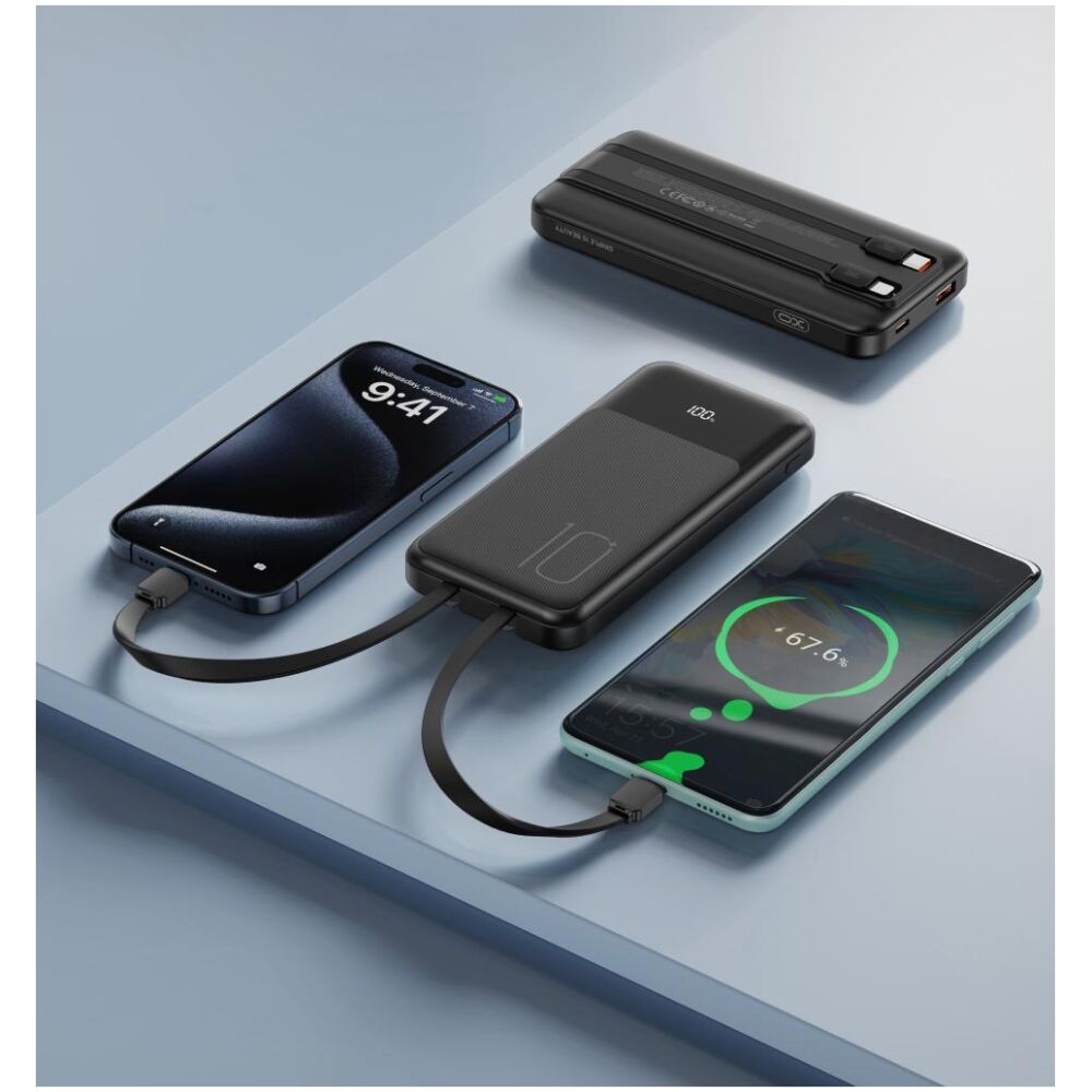 XO PR248 POWERBANK PD 20W + QC 22.5W ΜΕ ΕΝΣΩΜΑΤΩΜΕΝΟ ΚΑΛΩΔΙΟ TYPE-C ΚΑΙ LIGHTNING , ΟΘΟΝΗ, 10000mAh , ΜΑΥΡΟ - Image 2